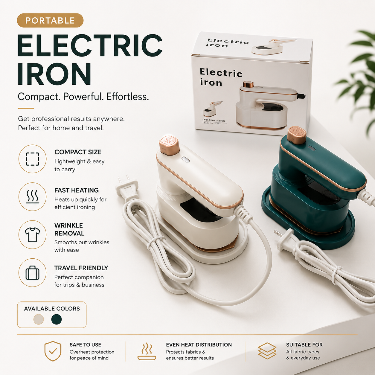 Foldable Electric Iron – Portable Mini Travel Steam Iron with Fast Heating, Non-Stick Soleplate & Foldable Handle
